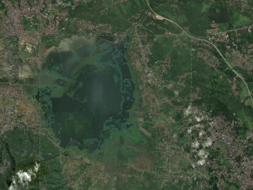 Floating vegetation mat zones outlined on Rawa Pening lake.