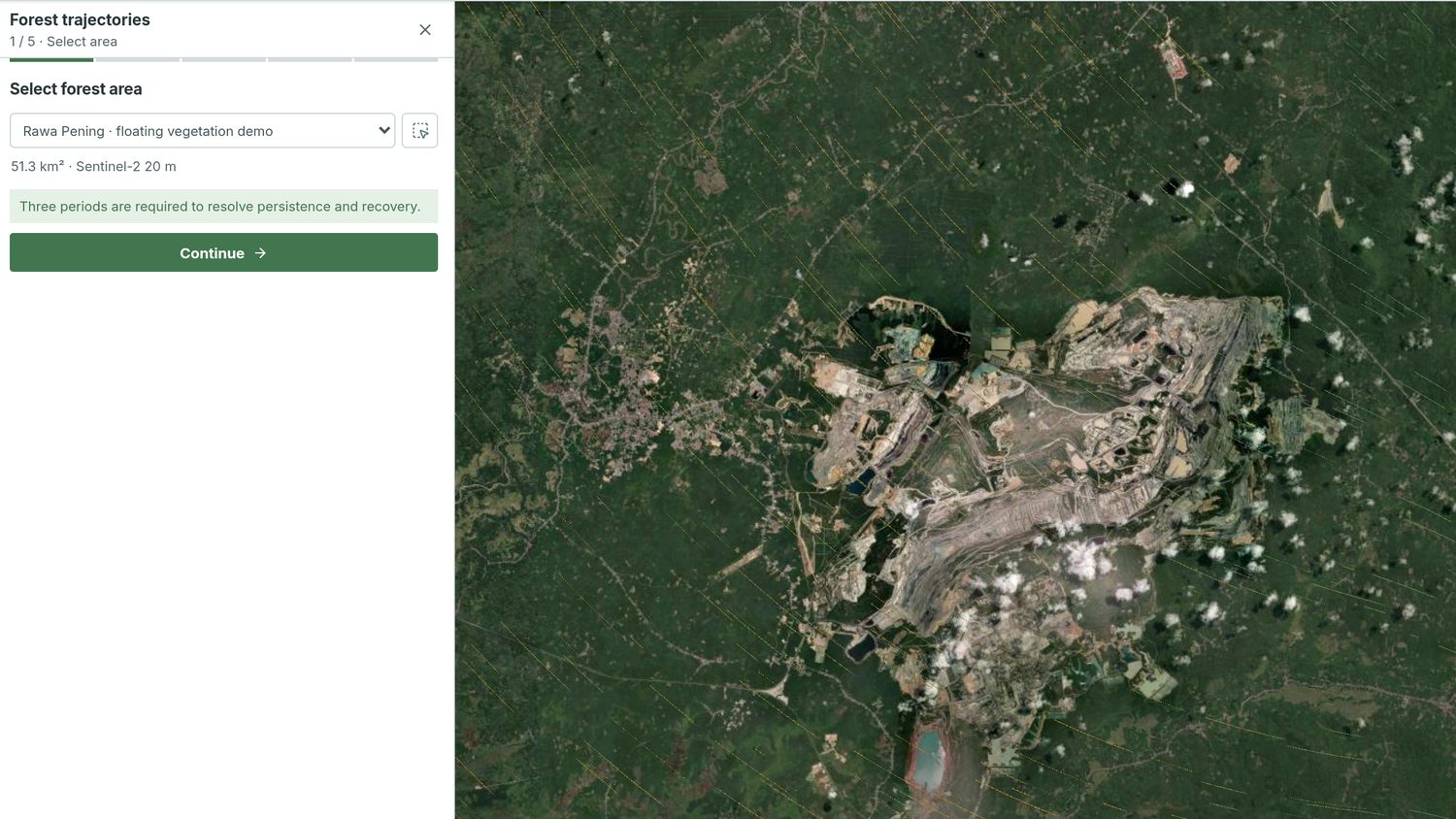 Selecting an area of interest, showing 51.3 square kilometres at Sentinel-2 20 metre resolution.