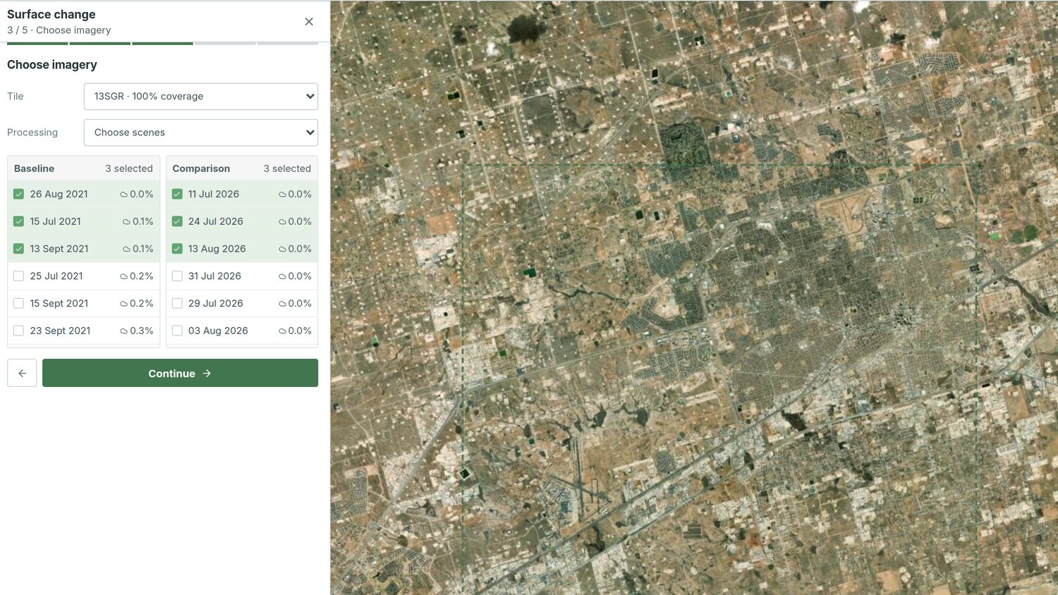 The imagery step listing acquisitions with dates and cloud cover for the baseline and comparison periods.